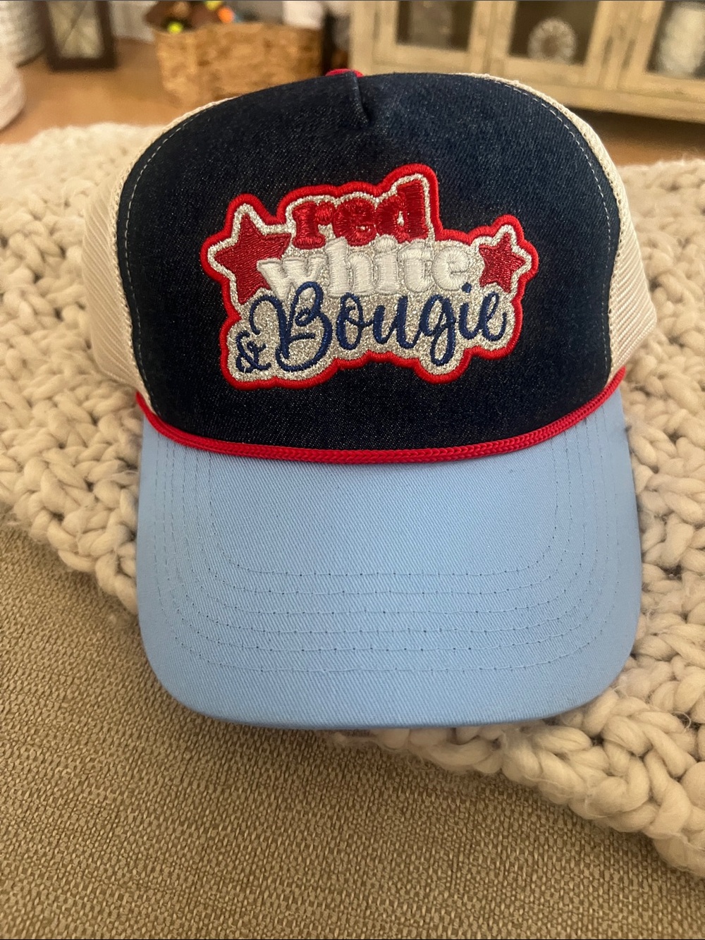 Red White & Bougie Embroidered Trucker Hat - Light Blue Bill